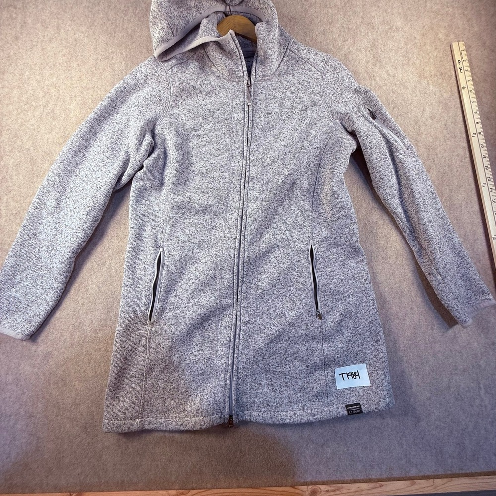 LL Bean Sweater Fleece Coat Womens Medium Gray Heather Hooded Full Zip Jacket